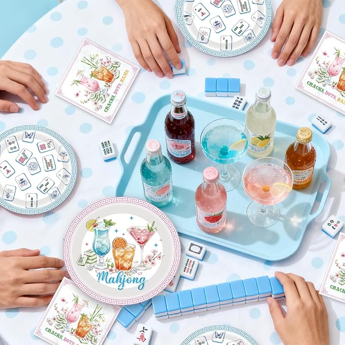 Mahjong Birthday Party Supplies - 96 Pcs Mahj Disposable Paper Dessert Plates Napkins Forks Tableware Decor Cocktail Mah Jong Table Decorations Accessories for Game Night Holiday Serves 24