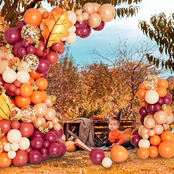 DBKL 138pcs Fall Balloon Garland Arch Kit with Orange Dusty Pink Wine Red Rose Gold Confetti Balloons Maple Leaf Pine Cones Foil Balloons for Thanksgiving Autumn Fall Birthday Shower Party Decorations