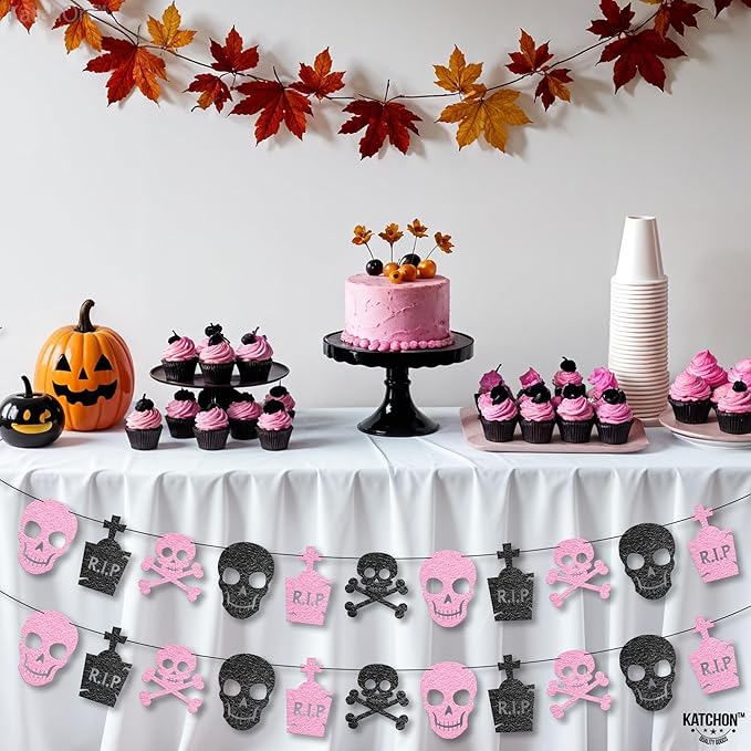 KatchOn Pink Black Felt Skull Garland - 13 Feet, No DIY | Felt Halloween Garland, Skull Party Decorations | Pink Halloween Decor