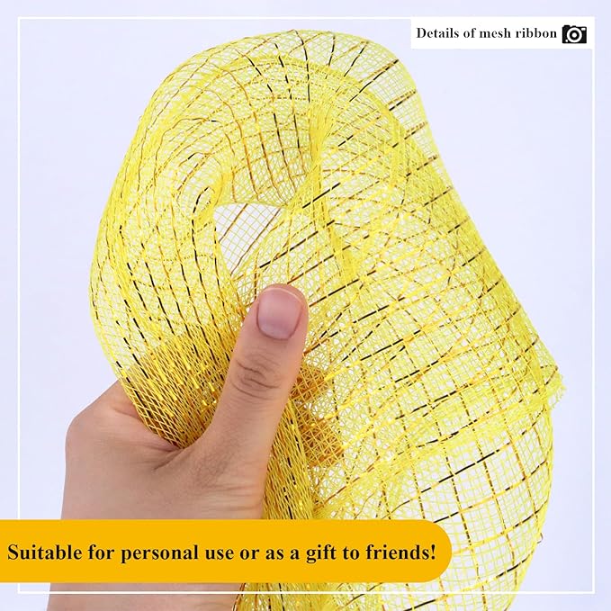 2 Pcs Yellow Deco Mesh Ribbon Rolls 10 Inch 10 Yards(30 ft) Decorative Mesh Fabric with Foil for Wreaths Christmas Tree Ribbon Door DIY Craft Halloween Decor Wedding Party Supplies (Yellow, 2Pcs)