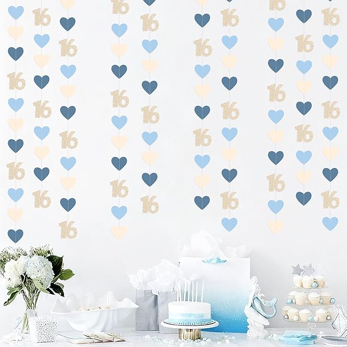 Champagne Gold Blue 16th Birthday Decorations Champagne Gold Dusty Blue Heart Garland Streamer Banner Backdrop for Girls Happy 16th Birthday Sweet 16 Decorations Cheers to 16 Years Old Party Supplies