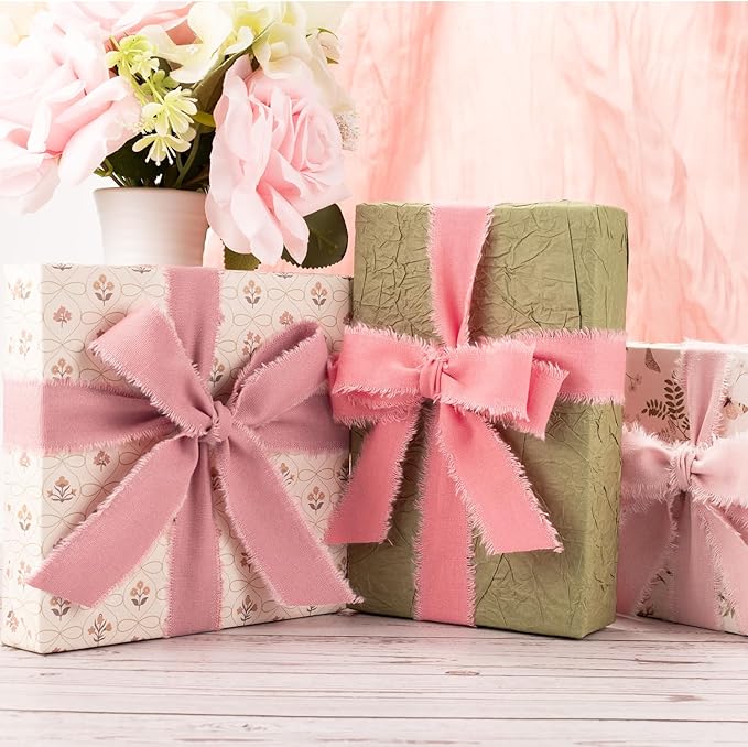 Pink Cotton Ribbon 1 Inch Pink, Baby Pink & Dusty Rose 3 Rolls 21 Yards Frayed Edge Fabric Set for Wedding Invitations, Bridal Shower, Baby Shower Decor, Bouquet Wrap & Gift Wrapping