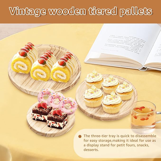 Wood Cupcake Stand 3 Tiers Large Cupcake Holder, Wooden Cake Stand Rustic,Cupcake Stand for 50 Cupcakes,Round Tiered Dessert Display Serving Tray Cupcake Tower for Party Wedding Birthday (Light Tan)