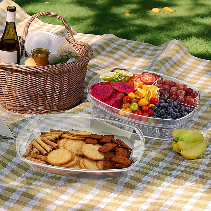 Chilled Serving Tray with Lid for Parties, 15-Inch Ice Serving Tray with Ice Underneath, 4-Compartment Fruit and Shrimp Cocktail Platter
