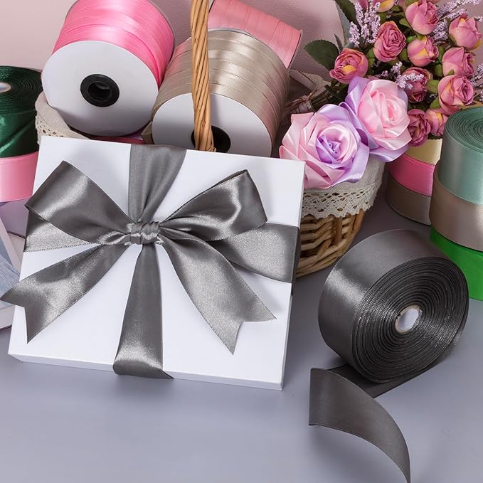 YASEO 1 1/2 Inch Steel Gray Solid Satin Ribbon, 50 Yards Craft Fabric Ribbon for Gift Wrapping Floral Bouquets Wedding Party Decoration