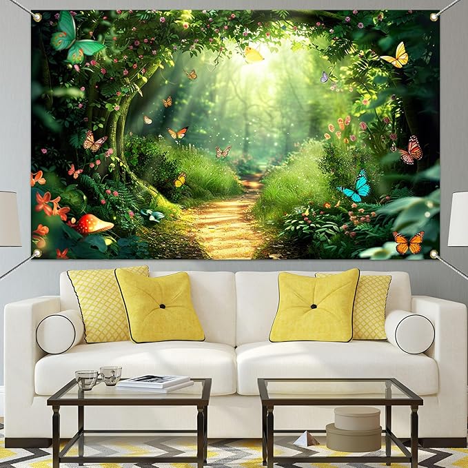 Mocsicka Enchanted Forest Backdrop Fairy Magic Wonderland Birthday Party Decorations for Girls Butterfly Garden Photography Background (Green, 70.8x43.3 inch)