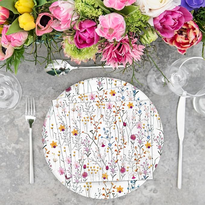 Whaline 100pcs Floral Party Supplies Kit Serves 50 Wildflower Paper Plates and Napkins Flower Disposable Tableware Decorative Dinnerware Set for Spring Picnic Wedding Birthday Baby Shower Party