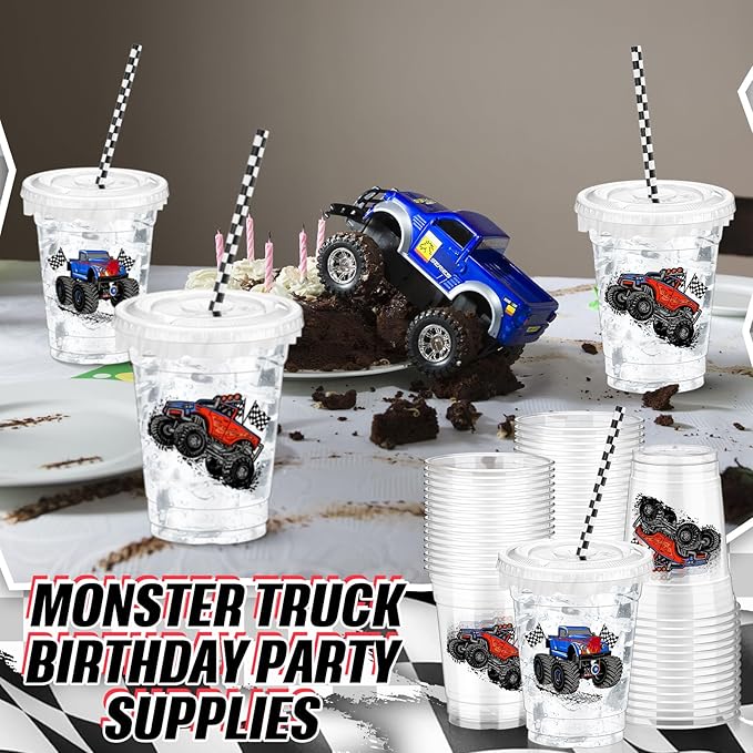 Teenyyou 50 Pcs 12 oz Disposable Plastic Cups with Straws, Lids and Leakproof Paper Clear Birthday Party Cups Supplies Birthday Table Decorations(Monster Truck,Black, White)