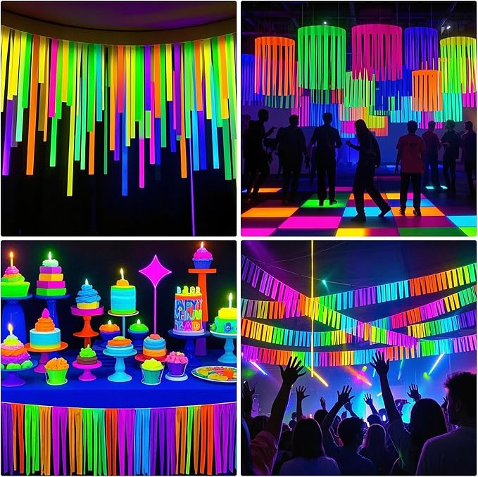 Neon Crepe Paper Streamers, 2.2" x 123 Ft Per Roll Glow in The Dark Streamers 6 Rolls for Rainbow Birthday Party Wedding Decorations UV Blacklight Reactive Fluorescent Party Supplies