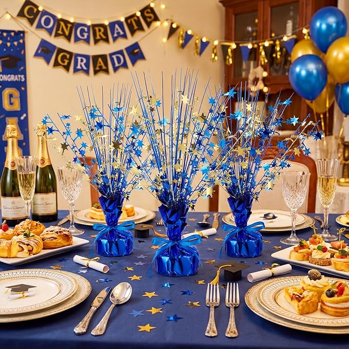 Crowye 3 Pieces Metallic Foil Spray Centerpiece Birthday Table Decoration Star Burst Centerpieces Graduation Table Decor for Birthday 2026 Party Holiday(Blue Gold)