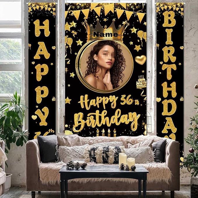Custom Photo Birthday Banner Set Personalized Name Door Banners Fabric Backdrop Birthday Decorations Party Supplies Background for Indoor Outdoor Front Door Sign(Black and Gold)