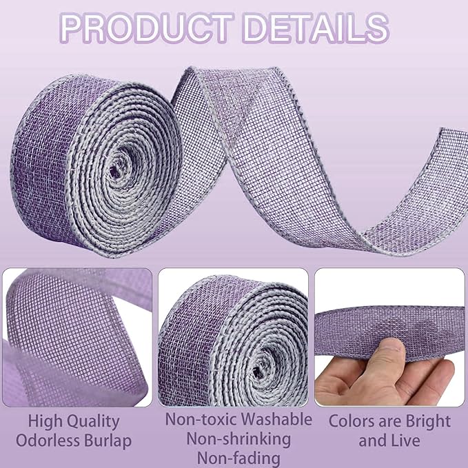 Purple Burlap Ribbon 2 inch X 10 Yard Natural Linen Woven Burlap Ribbons DIY Handmade Edging Production Wreath Holiday Decoration Ribbon Gift Wrapping Lavender Burlap Ribbons