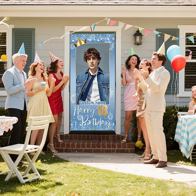 Personalized Happy Birthday Door Banner with Photo Custom Name Birthday Decorations Party Supplies for Women Men (Blue and Gold)