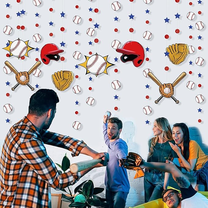 pinkblume Baseball Party Decorations Red Circle Dot Blue Star Baseball Sport Theme Hanging Cutout Garland Streamer for Birthday Baby Shower Wedding Party Supplies Classroom Nursery Wall Ceiling Decor