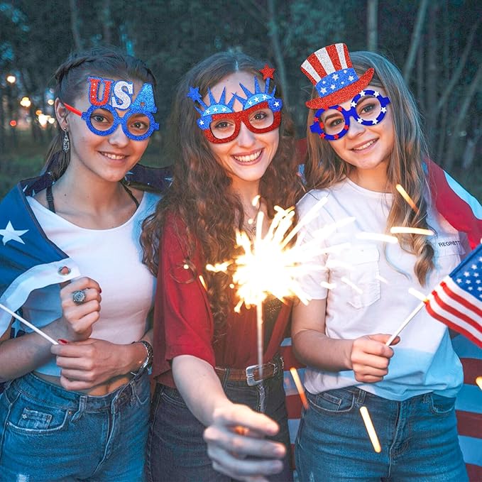 6 Pcs 4th of July Glasses Party Decor, Glitter Party Sunglasses Frames Novelty Costume Eyeglasses Photo Props for Adults, Independence Day Decorations Fun Holiday Party Favors, Memorial Day