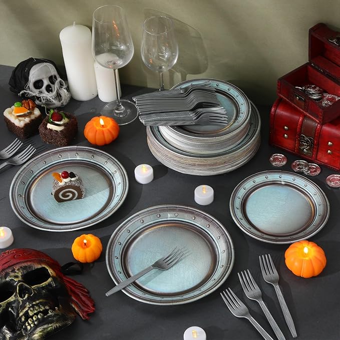 Jingmore 180 Pcs Medieval Party Supplies Disposable Pewter Paper Plates and Forks Tableware Set for Pirate Knight Castle Halloween Decorations Dinner Silver Grey 9" and 7'' Serves 60(Vintage Style)