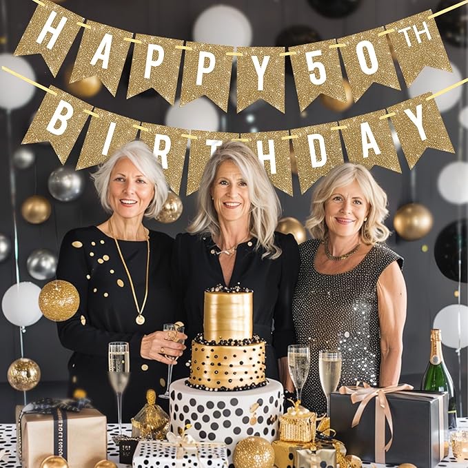 Netnology Pre-Strung Gold Happy 50th Birthday Banner Decorations,12 ft No DIY Gold Glitter 50th Birthday Party Banner Sign Decor for Women Men Girl Boy Party Supplies
