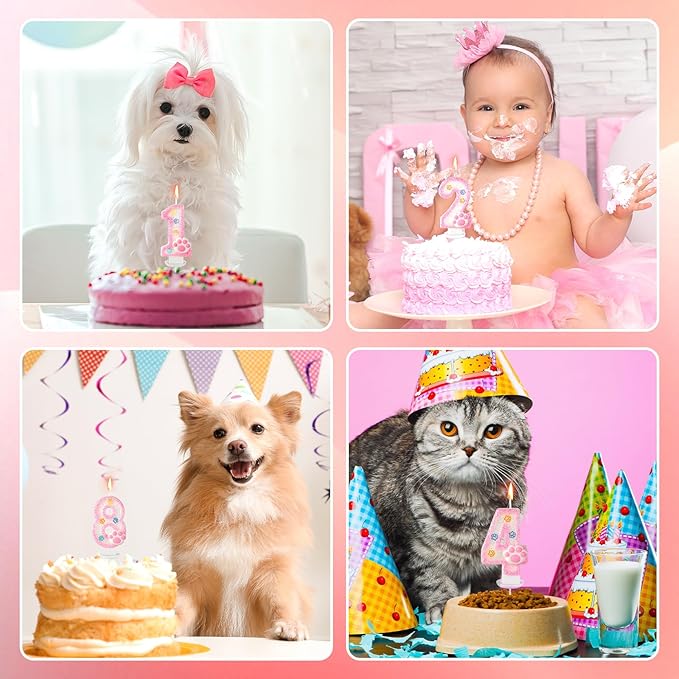 AKURIEEY Dog and Cat 7th Birthday Candle Pink Numbers 7 Candle Paw Cake Topper Cupcake Decorations for Pet Theme Party Decor Anniversary Celebrations Supplies
