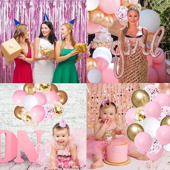 Pink Gold Birthday Party Decorations, Happy Birthday Banner, Pink Fringe Curtain, Heart Star Foil Confetti Balloons, Hanging Swirls for Women Girls Birthdays Princess Party