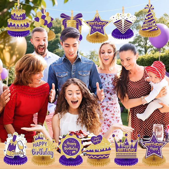 12Pcs Purple Gold Birthday Decorations Honeycomb Centerpieces for Women Girls, Purple Gold Happy Birthday Table Centerpieces for 30th 40th 50th 60th Birthday Table Topper Sign Decor Party Supplies