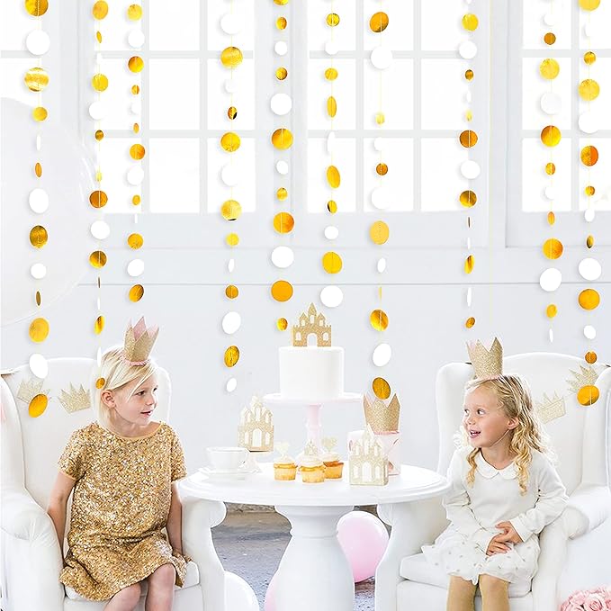 46 Feet White and Gold Circle Dots Garland Hanging Paper Polka Dots Streamer for Birthday Bachelorette Engagement Anniversary Wedding Baby Bridal Shower Christmas Holiday Party Decorations Supplies
