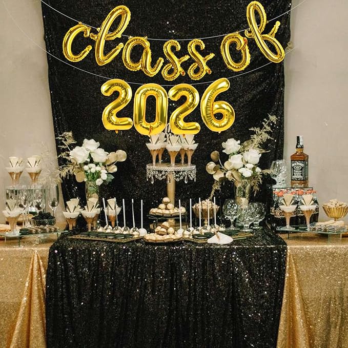 TONIFUL Gold Cursive Class of 2026 Graduation Balloon Banners 2026 commencement Decor Grad Foil Balloons 2026 Congrats Grad Balloons for Class of 2026 Congratulation Graduation Party Supplies