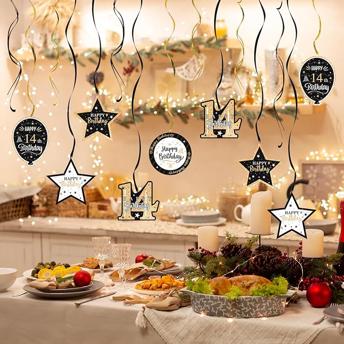 Happy 14th Birthday Black & Gold Glitter Swirls Streamers Party Decorations - 15 Pcs 14th Birthday Hanging Swirls Streamers Kit,Cheers to Fourteen Years Old Bday Party Sign.