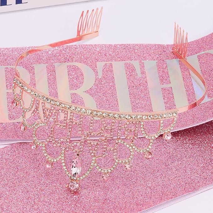 Pink Happy Birthday Crown and Sash for Women Pink Tiaras for Women Birthday Crowns for Girls Princess Crown for Girls Rhinestone Happy Birthday Hair Accessories