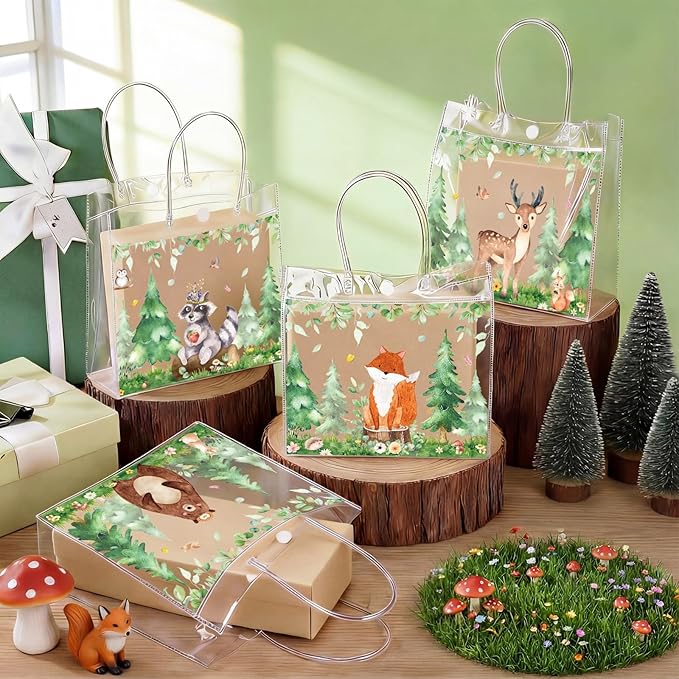 Aliceset 20 Pcs Woodland Baby Shower Favor Bags with Handles Clear Party Treat Bags for Forest Baby Shower Woodland Themed Birthday Gender Reveal Decorations Supplies, 8x8x3.15 Inch