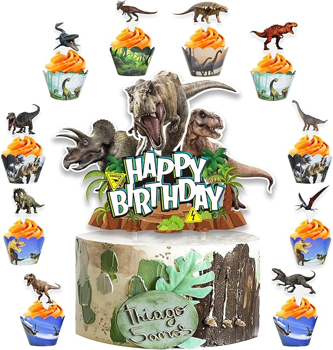 Dinosaur Cake Toppers & Decorations - 49 Pcs, Cupcake Wrappers, Baby Shower & Kids Party Supplies