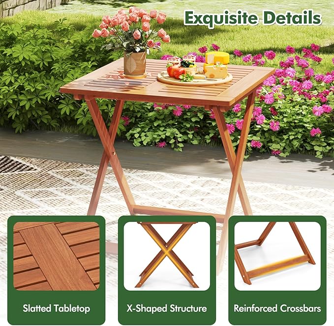 Tangkula 29.5-Inch Square Patio Dining Table, Solid Wood Folding Outdoor Bistro Table with Teak Painting & 2" Umbrella Hole, Outdoor Dining Table for Balcony, Deck, Porch, Backyard