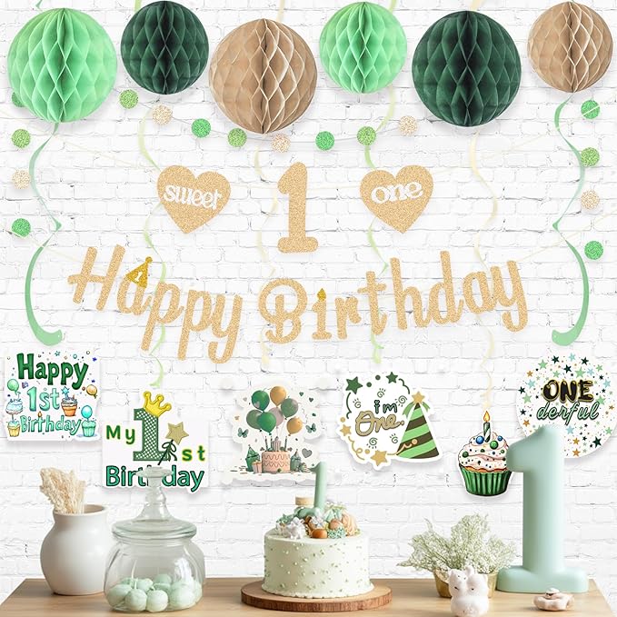 First Birthday Decorations for Boy, Pre-Strung Sweet One and Happy Birthday Banner with Honeycomb Balls, Hanging Swirls, Circle Dots Garland for 1st Birthdays Decorations Boy Girl 21pcs