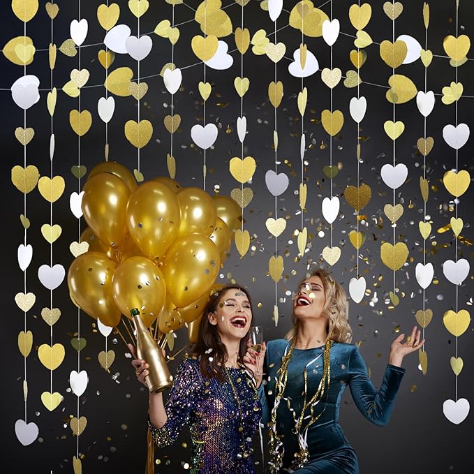 Gold-White Heart-Garland Streamers Engagement-Birthday Party-Decorations - 52Ft Glitter Champagne Hanging Banner Decor Wedding Congratulations Bachelorette Bridal Baby Shower Garsellen