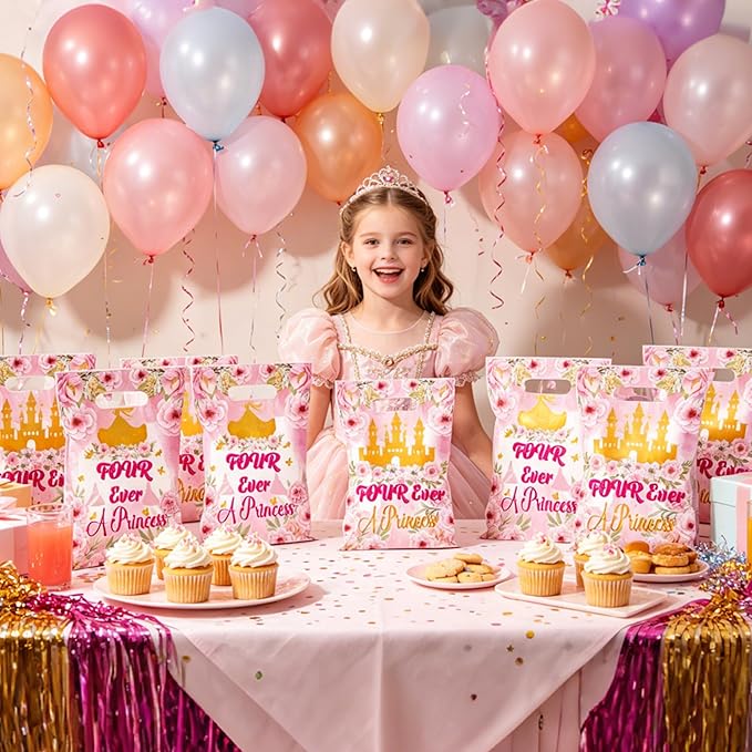 MOIZYNG 50Pcs Four Ever A Princess Gift Bags with Handles, Pink Gold Floral Castle Princess 4th Birthday Plastic Snack Treat Goodie Bags for 4 Year Old Girl Birthday Decorations
