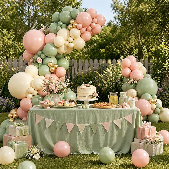 147pcs Pink and Green Balloon Arch Garland Kit, 5 10 12 18inch Sage Green Light Pink Sand White Gold Latex Balloons for Woodland Jungle Birthday Party Baby Shower Decorations