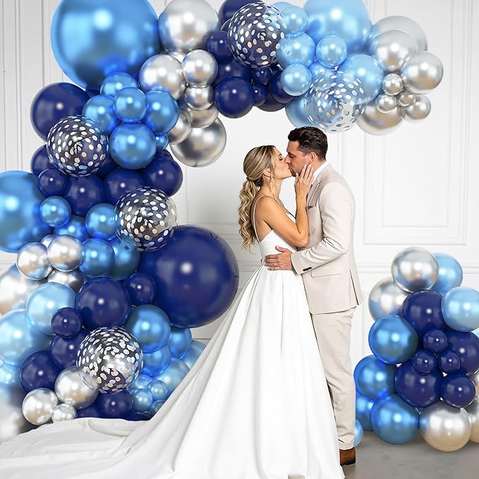 Amandir 153pcs Blue and Silver Balloon Garland Arch Kit, Different Sizes 18 12 10 5 inch Royal Navy Blue Latex Metallic Confetti Balloons for Graduation Wedding Shower Birthday Party Decorations