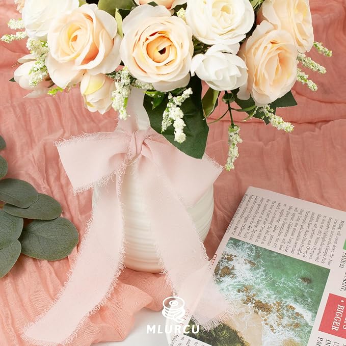 Blush Pink Chiffon Ribbon - 1-1/2 Inch x 21 Yards, Handmade Fringe, Boho Frayed, Pale Pink for Gift Wrapping, Wedding Invitation, Bridal Flower Bouquets