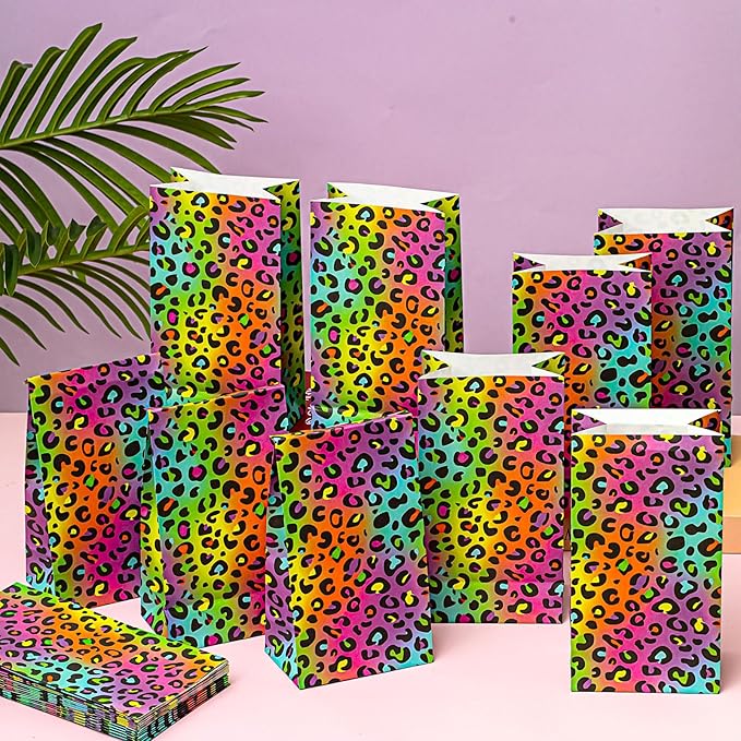 Leinuosen 24 Pcs Neon Rainbow Leopard Paper Bags Cheetah Birthday Party Favor Cheetah Paper Treat Bags for Leopard Birthday Bridal Shower Christmas Party Decorations