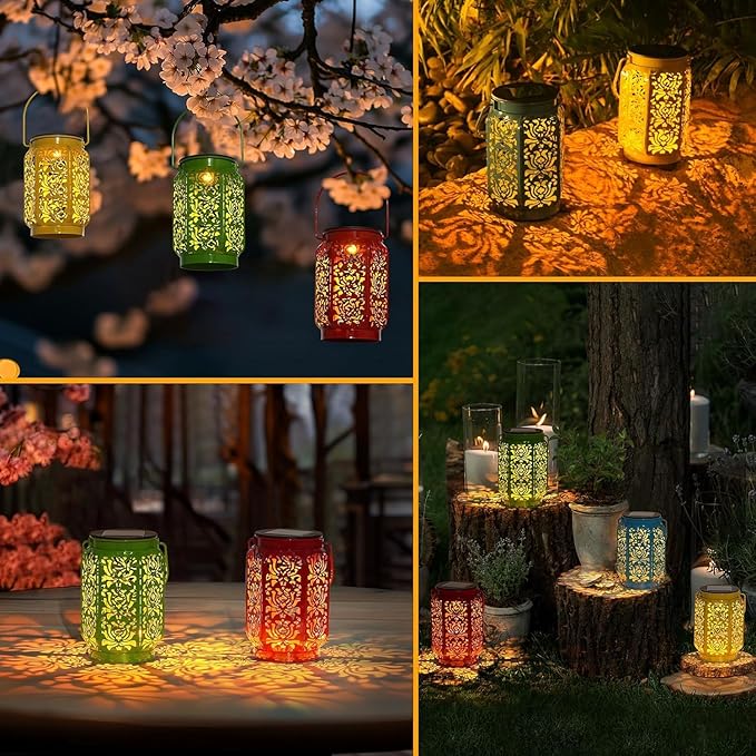 Solar Lanterns Outdoor 4 Pack, Rose Mothers Day Gifts Solar Lanterns IP44 Waterproof Outdoor Lights Garden Decor, 4 Colors LED Hanging Lantern with Handle for Outside Patio Yard Table Fence