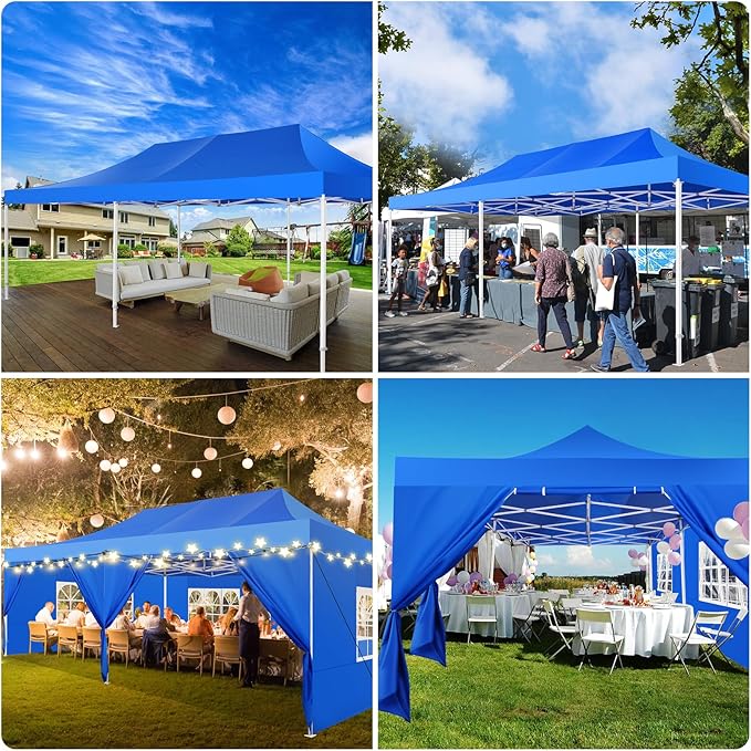 COBIZI 10x20 Heavy Duty Pop Up Canopy Tent with 6 Sidewalls Thicken Frame, Commercial Easy Up Outdoor Wedding Party Tents, All Season Waterproof Windproof with Stakes Sandbags Ropes Roller Bag, Indigo