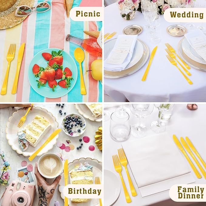 150 Pack Yellow Plastic Silverware, Yellow Utensils Include 50 Plastic Forks 50 Spoons 50 Knives for Birthday Party, Wedding, Picnic