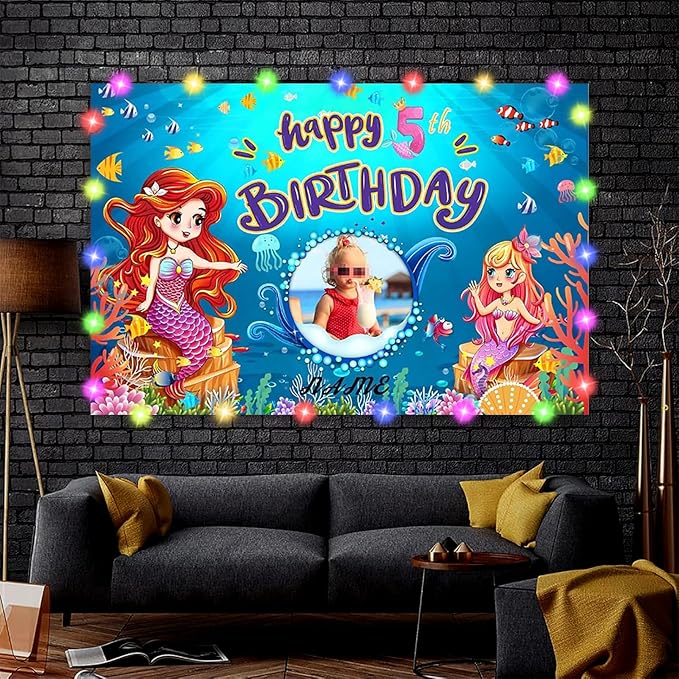 Dicodes Custom Mermaid Theme Birthday Decorations Banner - Personalized Fabric Banner for Birthday Party Supplies