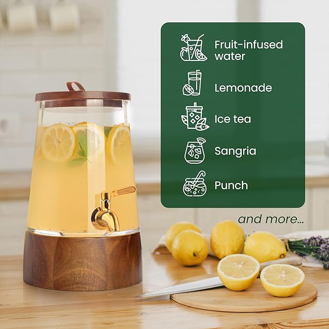 FOODLE Glass Drink Dispenser with Spigot - Glass Beverage Dispenser with Stand - Perfect for Parties & Everyday Use - Pitcher for Water, Lemonade, Sangria, Punch & Juice - Leakproof Spout - 1 Gallon
