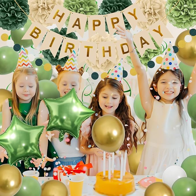 Retro Green Birthday Party Decorations for Women Girls, Happy Birthday Banner with Tissue Paper Pompoms, Paper Tassel, Circle Garland, Hanging Swirl, Party Balloons for Party Decorations