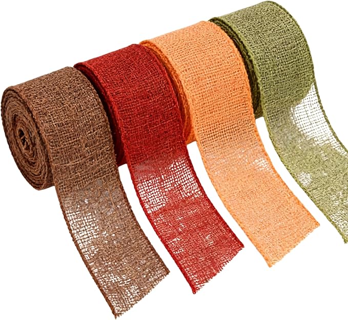 Meseey 2.5 Inch Fall Burlap Wired Ribbon, 20 Yards Total Sage Green/Orange/Brown/Burgundy Plaid Ribbon for Big Bows, Wreaths, Thanksgiving & Halloween Outdoor Decor (FPR009)