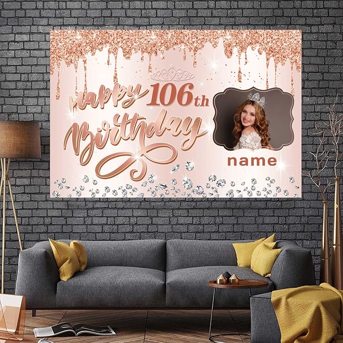 Customizable Rose Gold Happy 106th Birthday Decoration Banner - Personalized with Name and Photo