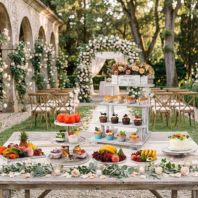 Roowest Wood Cake Stands Set of 6 Wood Dessert Tower Trays Stand Cupcake Stand Rustic 3 Tier Farmhouse Cupcake Serving Stands with Dessert Trays for Tea Party(Vintage White)