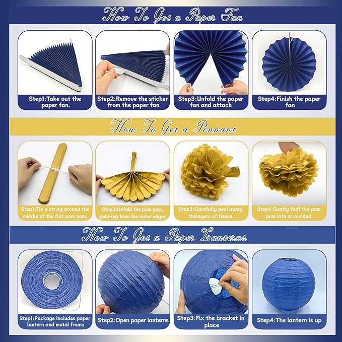 MEIDUO 34 Pcs Blue and Gold Party Decorations, Hanging Paper Lanterns Fans Pom Poms Set, 2026 Blue and Gold Graduation Decorations Supplies, Royal Birthday Decor for Men Boys