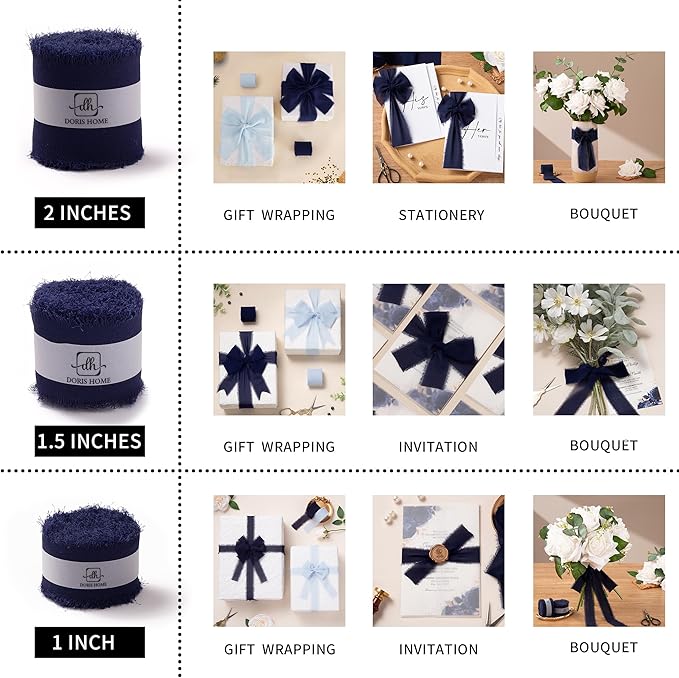 DORIS HOME Dark Navy Chiffon Ribbon for Flower Bouquet, 2" x21Yd Fabric Ribbon for Gift Wrapping, Handmade Frayed Ribbon for Wedding/Christmas Decorations