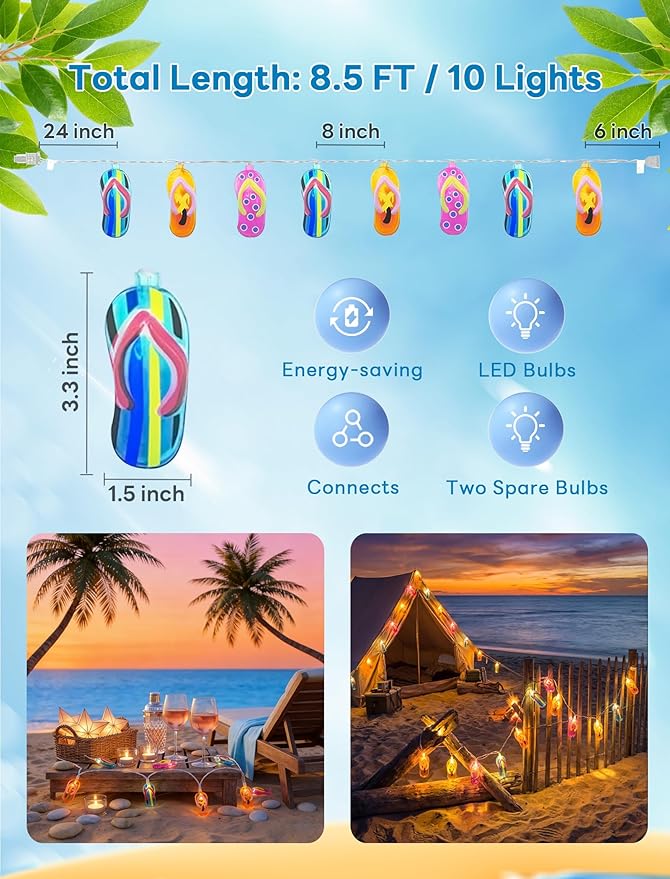 Slipper String Lights, 8.5FT 10 LED Beach Themed Lights with UL Certified Plug, Waterproof Tropical Party Decorations for Patio, Warm White Hawaiian String Lights for Garden Backyard Bedroom Decor